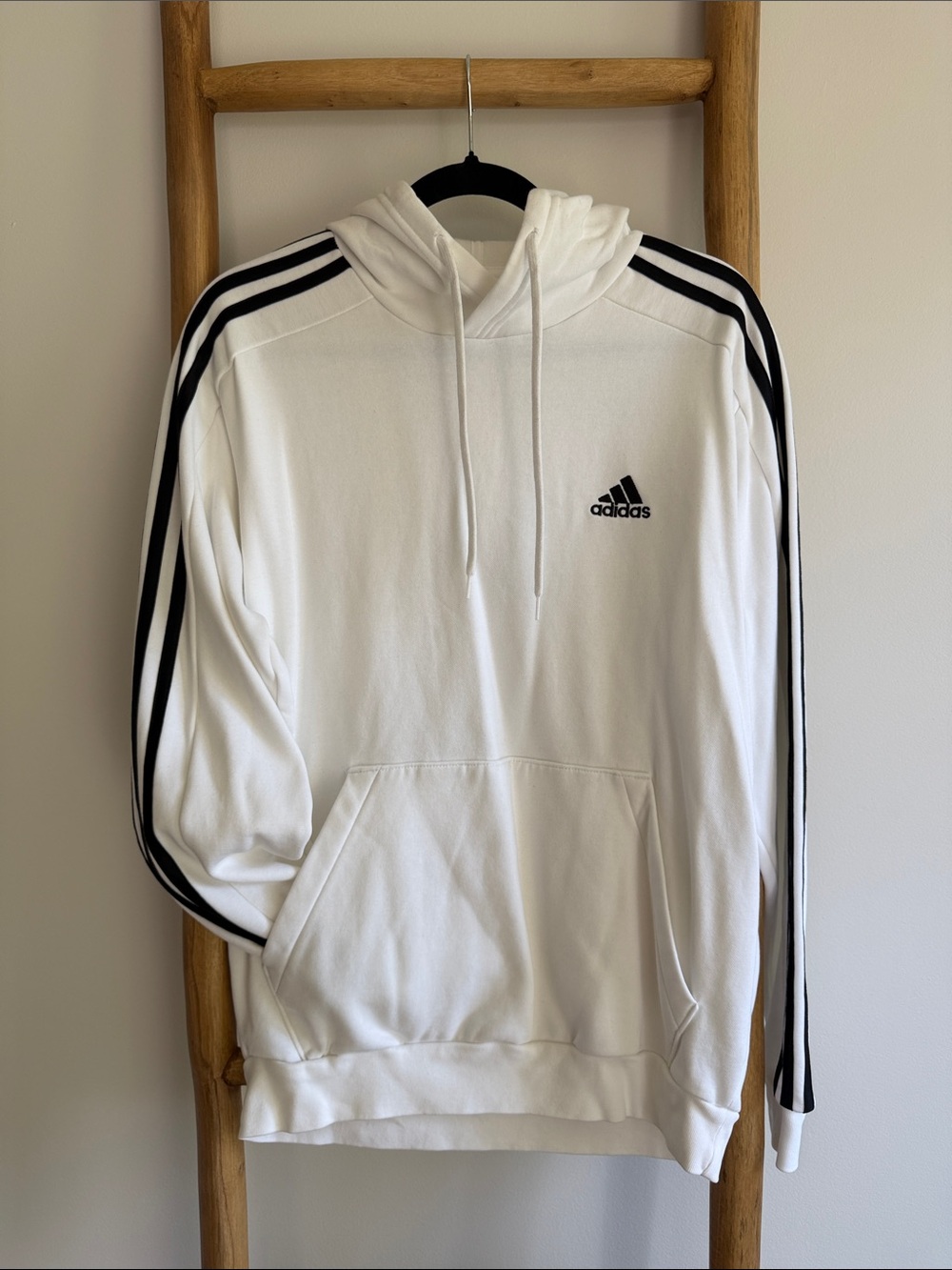 adidas White Pullover Hoodie with Black Shoulder Stripes